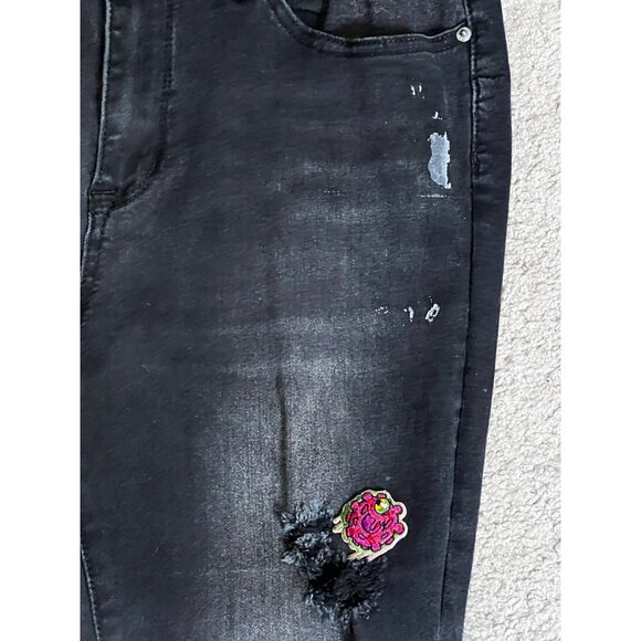 S.O.N.G. Eco Love Jeans Distressed Mushroom Patch Skinny Jeans Sz 13 Juniors Bla - Picture 12 of 12